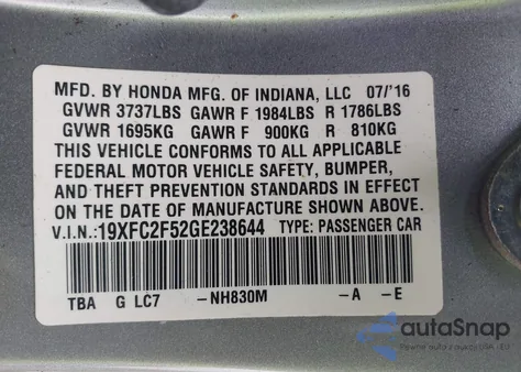 2016 Honda Civic Lx из США, поврежденный, VIN 19XFC2F52GE238644
